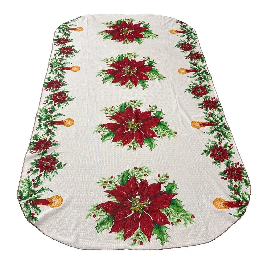 Vintage 80s Christmas Tablecloth Oval Oblong Poinsettia Candles Large